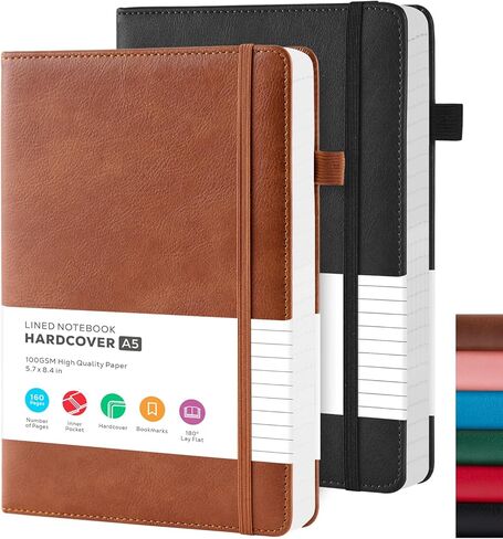 Lined Journal Notebook, A5 (5.7'' x 8.4"), 2 Pack Journaling Notebooks for Women Men Writing Work, Leather Hardcover, 160 Pages per Note Book, 100GSM Thick Paper, School Office Supplies, Black & Brown in Saudi Arabia