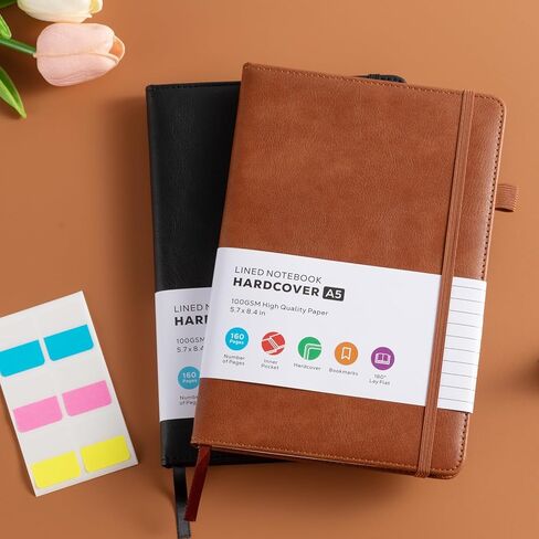 Lined Journal Notebook, A5 (5.7'' x 8.4"), 2 Pack Journaling Notebooks for Women Men Writing Work, Leather Hardcover, 160 Pages per Note Book, 100GSM Thick Paper, School Office Supplies, Black & Brown in Saudi Arabia