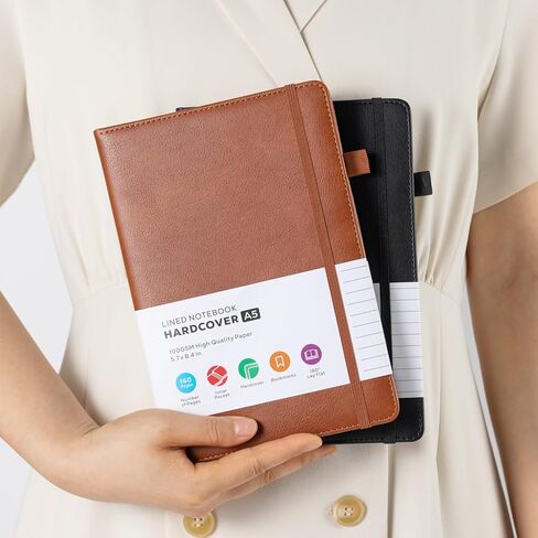 Lined Journal Notebook, A5 (5.7'' x 8.4"), 2 Pack Journaling Notebooks for Women Men Writing Work, Leather Hardcover, 160 Pages per Note Book, 100GSM Thick Paper, School Office Supplies, Black & Brown in Saudi Arabia