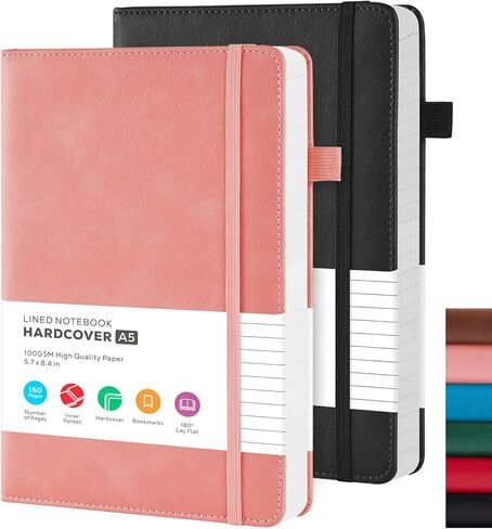 Lined Journal Notebook, A5 (5.7'' x 8.4"), 2 Pack Journaling Notebooks for Women Men Writing Work, Leather Hardcover, 160 Pages per Note Book, 100GSM Thick Paper, School Office Supplies, Black & Brown in Saudi Arabia