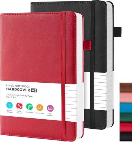 Lined Journal Notebook, A5 (5.7'' x 8.4"), 2 Pack Journaling Notebooks for Women Men Writing Work, Leather Hardcover, 160 Pages per Note Book, 100GSM Thick Paper, School Office Supplies, Black & Brown in Saudi Arabia