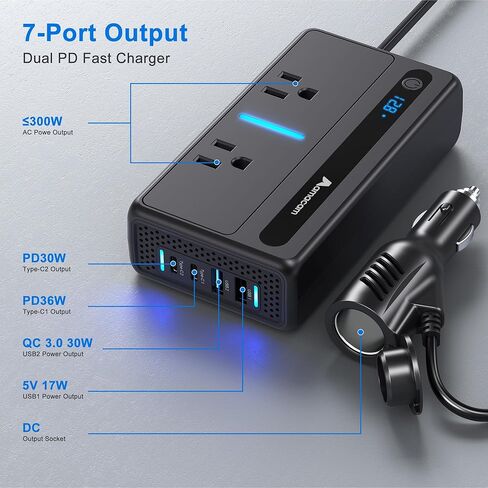 300W Continuous Inverter – 110V 12V/24V Input with 2 US Outlets 4 USB & Built-in 12V DC in Plug – 7-Port for Cars Vans RVs – Powers Laptops & Small Appliances in Saudi Arabia