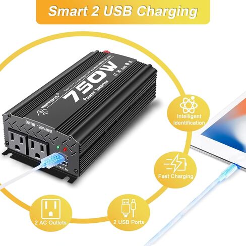 750 Watt car Power Inverter 12v to 110v /120V for Vehicles car Truck Camping Power Converter with car Cigarette Lighter，2 AC Outlet -Black(750W) in Saudi Arabia