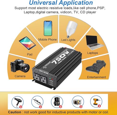 750 Watt car Power Inverter 12v to 110v /120V for Vehicles car Truck Camping Power Converter with car Cigarette Lighter，2 AC Outlet -Black(750W) in Saudi Arabia