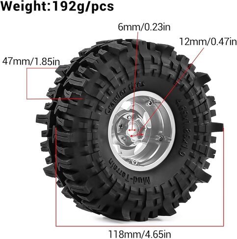 عجلات وإطارات Beadlock مقاس 1.9 بوصة مجمعة مسبقًا مقاس 118 مم (4.65 بوصة) لزاحفات SCX10 TRX4 1/10 RC - إطارات من الألومنيوم، إطارات مطاطية ناعمة مع حشوات إسفنجية، أجزاء ترقية سهلة التركيب (فضي) in Kuwait