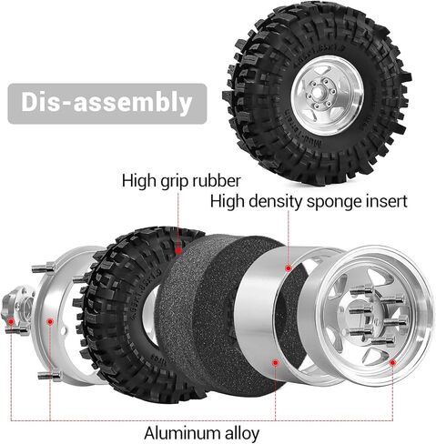 عجلات وإطارات Beadlock مقاس 1.9 بوصة مجمعة مسبقًا مقاس 118 مم (4.65 بوصة) لزاحفات SCX10 TRX4 1/10 RC - إطارات من الألومنيوم، إطارات مطاطية ناعمة مع حشوات إسفنجية، أجزاء ترقية سهلة التركيب (فضي) in Kuwait