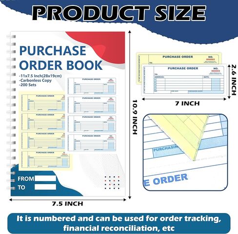 200 Sets Purchase Order Book 7.5 x 10.9 Inch 2 Part Carbonless Order Book Work Order Book Receipts Book with Sequential Numbers for Office Business and Accounting (1) in Saudi Arabia