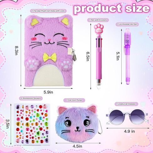 Cat Diary with Lock and Key, Gift for 6 7 8 Year Old Girls, Secret Journal with Coin Purse & Stickers, Lined Stationery Set, Birthday Gift for Kids (Purple) in Saudi Arabia