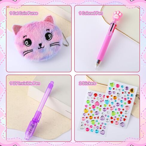 Cat Diary with Lock and Key, Gift for 6 7 8 Year Old Girls, Secret Journal with Coin Purse & Stickers, Lined Stationery Set, Birthday Gift for Kids (Purple) in Saudi Arabia