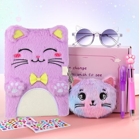 Cat Diary with Lock and Key, Gift for 6 7 8 Year Old Girls, Secret Journal with Coin Purse & Stickers, Lined Stationery Set, Birthday Gift for Kids (Purple) in Saudi Arabia