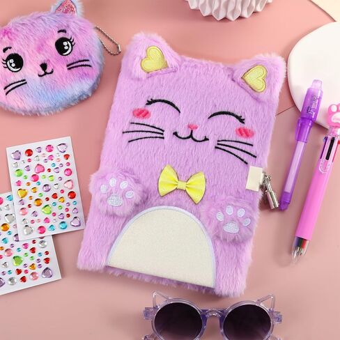 Cat Diary with Lock and Key, Gift for 6 7 8 Year Old Girls, Secret Journal with Coin Purse & Stickers, Lined Stationery Set, Birthday Gift for Kids (Purple) in Saudi Arabia