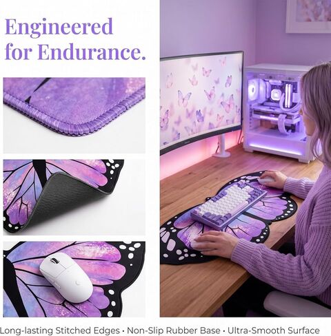 Extended Large Purple Butterfly Gaming Mouse Pad,Sparkling Purple Butterfly Keyboard Desk Mouse Mat,Non-Slip Rubber Base for Home Office Study 35.43" x 15.75" in Saudi Arabia