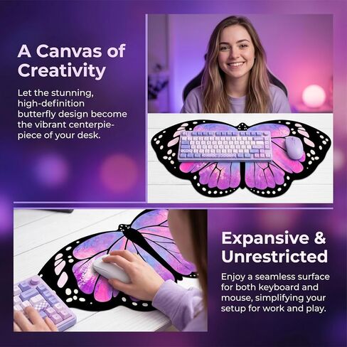 Extended Large Purple Butterfly Gaming Mouse Pad,Sparkling Purple Butterfly Keyboard Desk Mouse Mat,Non-Slip Rubber Base for Home Office Study 35.43" x 15.75" in Saudi Arabia