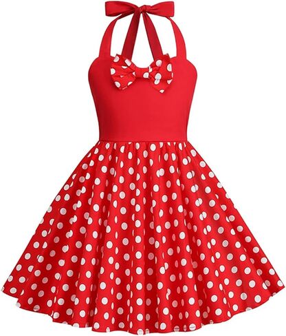 Kids Vintage Polka Dot 50s Girls Dress 1950s Dresses for Girls Halter Dress Princess Flower Girl Dress A Line Retro Sleeveless Swing Vintage 1950s Cocktail Dress Heart Neck Red Polka Dot 9-10 Years in Saudi Arabia