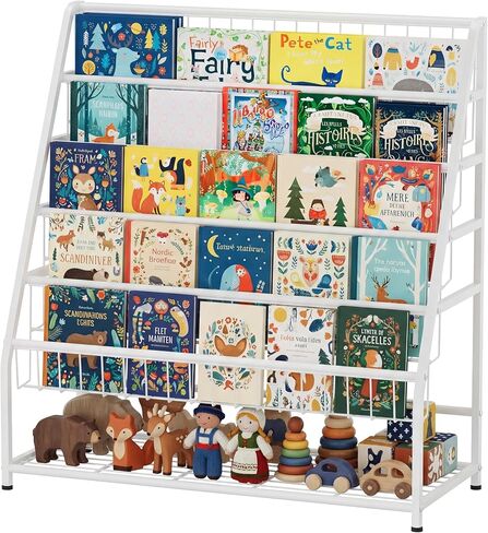 JAQ Kids Bookshelf for Toddlers, 4-Tier Toddler Bookshelf, Forward Facing Kids Book Shelf, Metal Book Display Shelf for Nursery, Playroom & Classroom, Sling Bookshelf for Small Spaces, White, 24.8" in Saudi Arabia