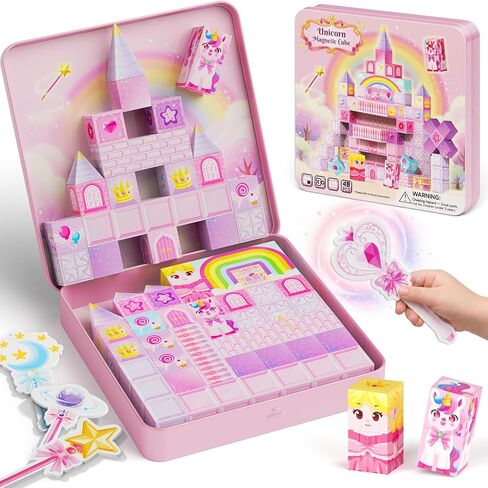 Unicorn Magnetic Blocks for Girls : 48 Pieces Princess Castle Building Blocks with Tin Box, Exclusive Cones & Wands, 300+ Builds, 60+ Min Quiet Play Travel Toys for Girls Ages 3-8 in Saudi Arabia
