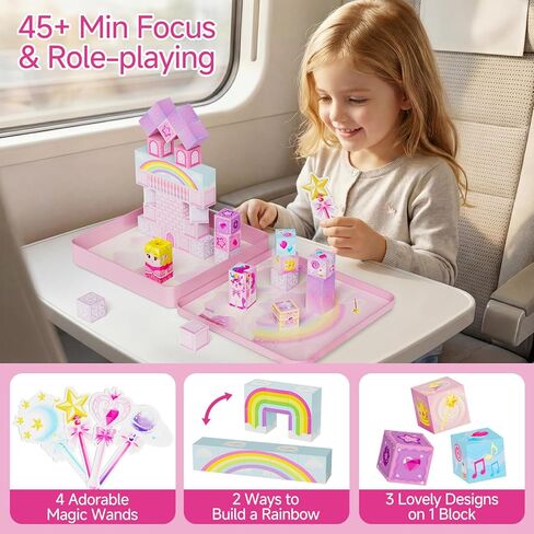 Unicorn Magnetic Blocks for Girls : 48 Pieces Princess Castle Building Blocks with Tin Box, Exclusive Cones & Wands, 300+ Builds, 60+ Min Quiet Play Travel Toys for Girls Ages 3-8 in Saudi Arabia