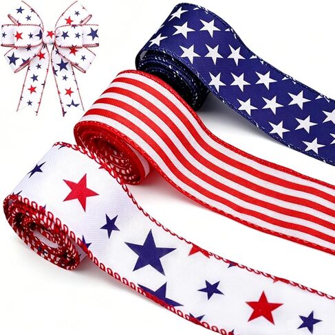 3 Rolls Red White Blue Patriotic Ribbon for Independence Day, Memorial Day, Veterans Day, Great for Gift Wrapping, Party Decor, Wreath Making, Crafts and All Patriotic Holiday Celebrations in Saudi Arabia