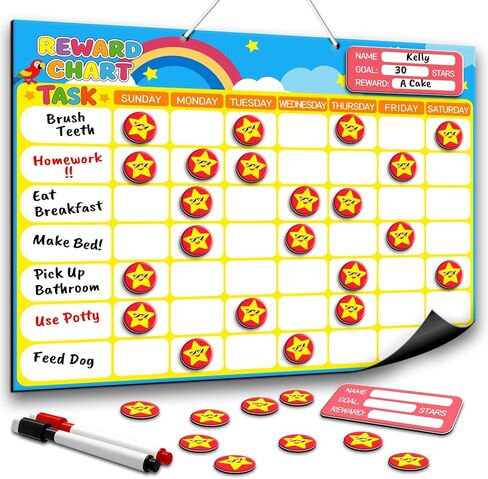 Magnetic Reward Chart for Kids, Customizable Weekly Chores Chart with 1 Name Sticker & 52 Magnetic Star Stickers, Dry Erase Behavior Chart for Kids Potty Training, Toddler Routine Daily Record in Saudi Arabia