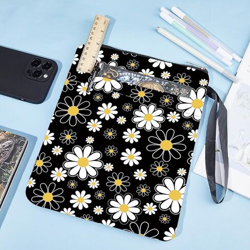 CRASPIRE Daisy Book Sleeves Flower Book Protector أغطية كتب سوداء للأغلفة الورقية غطاء كتاب من القماش قابل للغسل مع سحاب وجيب كم إضافي لمحبي الكتب هدايا صديق زملاء الدراسة in Kuwait