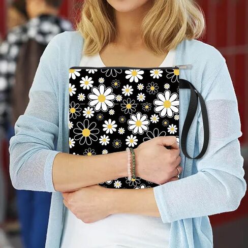 CRASPIRE Daisy Book Sleeves Flower Book Protector أغطية كتب سوداء للأغلفة الورقية غطاء كتاب من القماش قابل للغسل مع سحاب وجيب كم إضافي لمحبي الكتب هدايا صديق زملاء الدراسة in Kuwait
