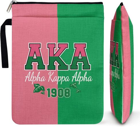 1908 AKA Sorority Book Sleeve Gifts for Women Black Sisters Club، غطاء كتاب Alpha Kappa Alpha Paraphernalia باللونين الوردي والأخضر مع سحاب وجيب أمامي للكتب الورقية مقاس 9 × 12 بوصة in Kuwait