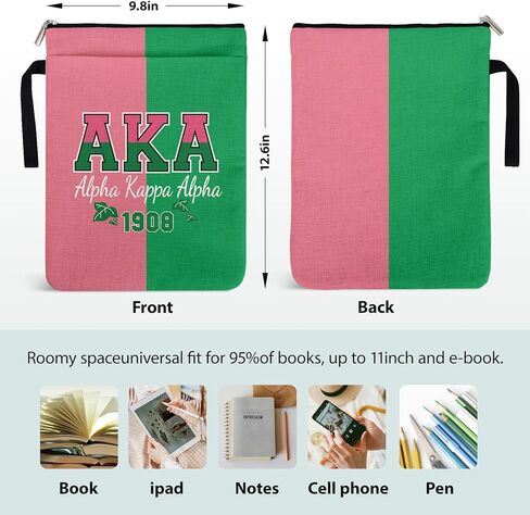 1908 AKA Sorority Book Sleeve Gifts for Women Black Sisters Club، غطاء كتاب Alpha Kappa Alpha Paraphernalia باللونين الوردي والأخضر مع سحاب وجيب أمامي للكتب الورقية مقاس 9 × 12 بوصة in Kuwait