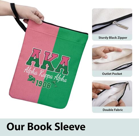 1908 AKA Sorority Book Sleeve Gifts for Women Black Sisters Club، غطاء كتاب Alpha Kappa Alpha Paraphernalia باللونين الوردي والأخضر مع سحاب وجيب أمامي للكتب الورقية مقاس 9 × 12 بوصة in Kuwait