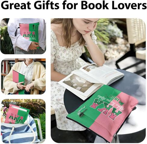 1908 AKA Sorority Book Sleeve Gifts for Women Black Sisters Club، غطاء كتاب Alpha Kappa Alpha Paraphernalia باللونين الوردي والأخضر مع سحاب وجيب أمامي للكتب الورقية مقاس 9 × 12 بوصة in Kuwait