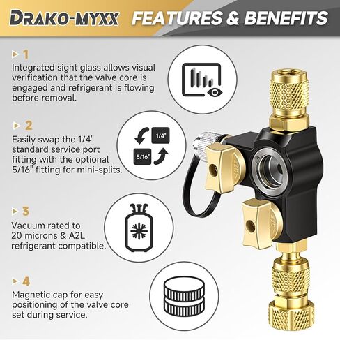 Upgrade VC2G 1/4" Valve Core Removal Tool Dual Valve with Sight Glass, A2L Compatible, Vacuum-Rated 20 microns, Fast Recovery&Evacuation, HVAC Tools in Saudi Arabia