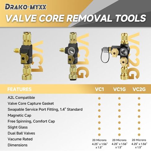 Upgrade VC2G 1/4" Valve Core Removal Tool Dual Valve with Sight Glass, A2L Compatible, Vacuum-Rated 20 microns, Fast Recovery&Evacuation, HVAC Tools in Saudi Arabia