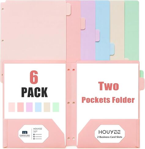 HOUYEE 12 Pack Plastic Folders with Pockets 3 Hole Punched, 2 Pockets File Folders for 3 Ring Binder, with 2 Business Card Slot, 1/6 Cut Tabs & Labels, for Letter Size, School Office Home Bussiness in Saudi Arabia