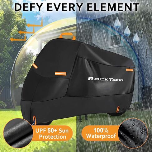 ROCKTAKIN 300D Heavy Duty Motorcycle Cover, Waterproof All Season Outdoor Protection with 4 Reflective Strips & Lock Holes, Fits Most Cruisers, Touring Bikes and Scooters up to 96.5" in Saudi Arabia