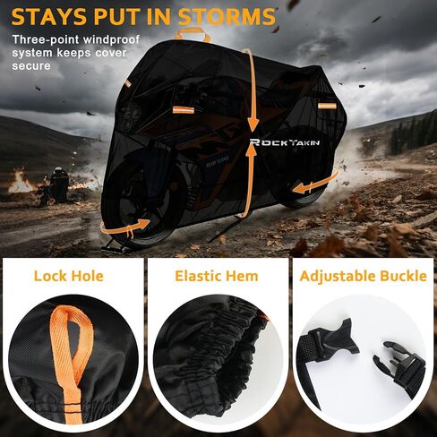ROCKTAKIN 300D Heavy Duty Motorcycle Cover, Waterproof All Season Outdoor Protection with 4 Reflective Strips & Lock Holes, Fits Most Cruisers, Touring Bikes and Scooters up to 96.5" in Saudi Arabia