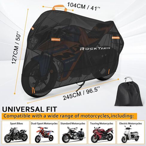 ROCKTAKIN 300D Heavy Duty Motorcycle Cover, Waterproof All Season Outdoor Protection with 4 Reflective Strips & Lock Holes, Fits Most Cruisers, Touring Bikes and Scooters up to 96.5" in Saudi Arabia