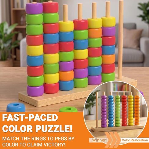 Color Match Challenge Game, Wooden Fast-Paced Pattern Matching Ring Stack Puzzle with Challenge Cards for 2 Players, Fun Party, Family Game Night Activity, Interactive Matching Play (2 Pack) in Saudi Arabia