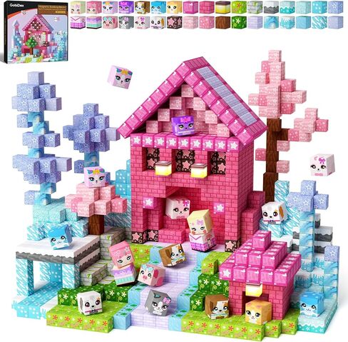 Magnetic Blocks — GobiDex 100PCS Kids Pink Princess Castle Building Blocks Set, Enchanting Cottage with Cute Pets for Girls Age 3+, STEM Sensory Building Toy for Toddler Birthday Gift in Saudi Arabia