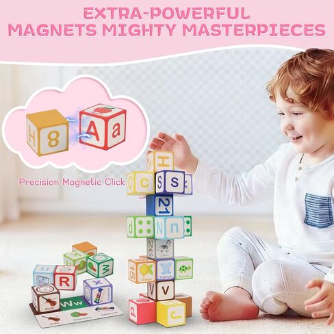 Magnetic Alphabet Blocks for Toddlers 1-3, 26 PCS ABC & Number Stacking Blocks with 9 Learning Cards, Educational Montessori STEM Toys for Kids Ages 3+ ，MontessoriToys for Boys Girls Gifts in Saudi Arabia