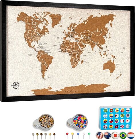 World Map Pin Board Medium 21"x14" Framed | White Ocean Cork Wall Map with 300 Push Pins | Country Flag, Metallic & Colored Pins | World Travel Map with Pins | Gift for Travelers, Couples & Families in Saudi Arabia