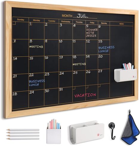 TOWON 36 x 24 in Wooden Black Frame Magnetic Chalkboard Calendar Wall, Monthly Planner & Organizer, 4 White Chalk Pencils + Color Chalk Set, Magnetic Hook, Wipe Cloth, Removable Tray for Home, Office in Saudi Arabia