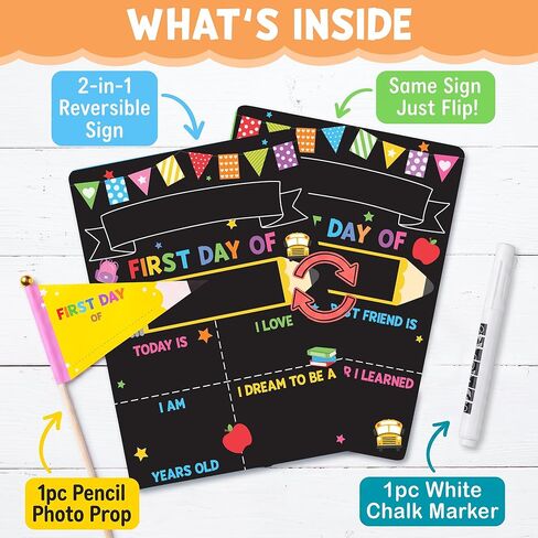 First & Last Day of School Sign (Marker + Pencil Flag Included) - 10x14 Reusable Back to School Chalkboard 1st for Kindergarten Preschool Daycare, Double Sided Dry Erase Board Photo Props for Kids in Saudi Arabia