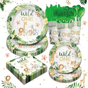 Piooluialy Wild One Birthday Party Supplies for Girls Tableware Set - Safari Birthday Decorations Include Plates, Napkins, Cups, Cutlery, Animal Jungle Theme Wild One Party Supplies | Serves 24 in Kuwait