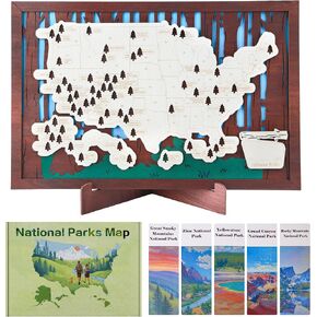 Wooden US National Parks Map Travel Tracker – 3-Layer Framed Wall Art with 70 Tree Pins, Stand, Marker & Gift Box – National Park Checklist Map, Holiday and Educational Geography Gift for Adventurers, Families & Outdoor Lovers, Perfect for RV, Home & Holi in Saudi Arabia