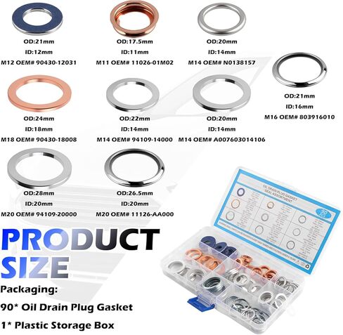 90PCS Oil Drain Plug Gasket Kit,Crush Washer Oil Drain Plug Including M11 M12 M14 M16 M18 M20,Sealed Oils Drains Plugs Washer with Storage Box for Car Accessories Replacement in Saudi Arabia