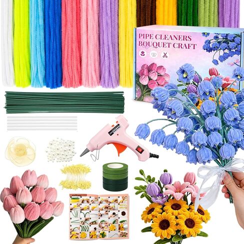 Vorplick Pipe Cleaner Flower Kit, 950 Pcs Pipe Cleaners Craft, Chenille Stems for DIY Flower Making Kit with Instructions, Floral Wires, Stamen& Ribbon for Adults and Kids in Saudi Arabia