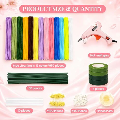 Vorplick Pipe Cleaner Flower Kit, 950 Pcs Pipe Cleaners Craft, Chenille Stems for DIY Flower Making Kit with Instructions, Floral Wires, Stamen& Ribbon for Adults and Kids in Saudi Arabia