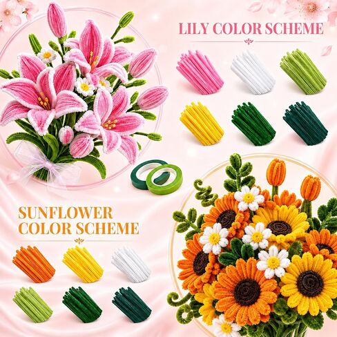 Vorplick Pipe Cleaner Flower Kit, 950 Pcs Pipe Cleaners Craft, Chenille Stems for DIY Flower Making Kit with Instructions, Floral Wires, Stamen& Ribbon for Adults and Kids in Saudi Arabia