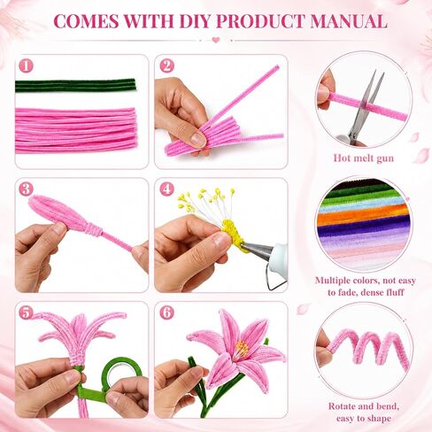 Vorplick Pipe Cleaner Flower Kit, 950 Pcs Pipe Cleaners Craft, Chenille Stems for DIY Flower Making Kit with Instructions, Floral Wires, Stamen& Ribbon for Adults and Kids in Saudi Arabia