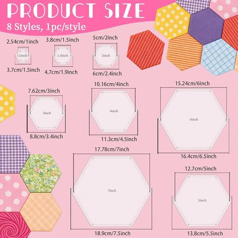 8pcs Hexagon Quilting Templates Acrylic Domestic Transparent Templates Quilting Ruler Pressure Plate Router Template for Sewing Machine for DIY Hand Patchwork Sewing Cutting Crafts in Kuwait