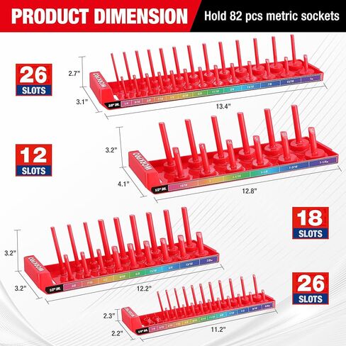 WORKPRO Socket Organizer Set, 4PC Impact Socket Holder, 1/4", 3/8", 1/2" Drive SAE Socket Trays, Impact Socket Organizer for Tool Box Drawer, Socket Storage Holds 82 Pieces (Socket not Included) in Kuwait